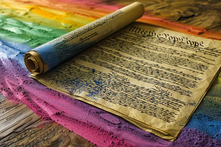 Old book on a table covered with multicolored crumpled paperの素材