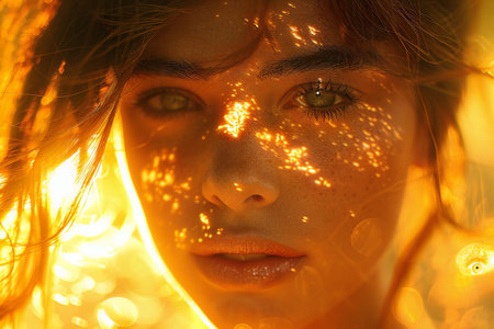 Close-up portrait of a beautiful young woman in a field with golden lightsの素材