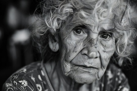 Portrait of an old woman in the village. Black and white.の素材