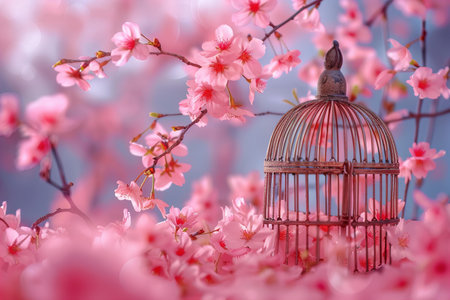 Pink cherry flowers are scattered in an old birdcageの素材