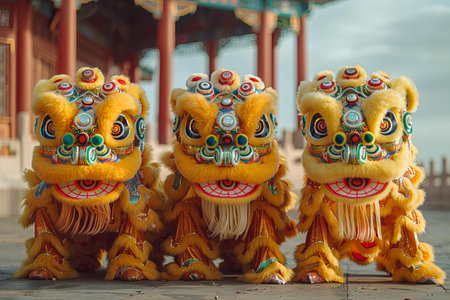 Digital image of four yellow chinese lion dancers gather outside for a paradeの素材