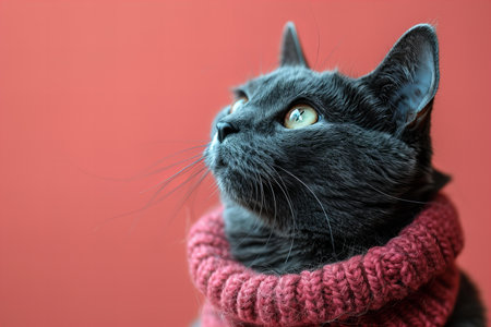 Illustration of gray cat looking up at pink background, high quality, high resolutionの素材