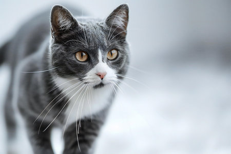 Walking gray and white cat close up stock photo, high quality, high resolutionの素材