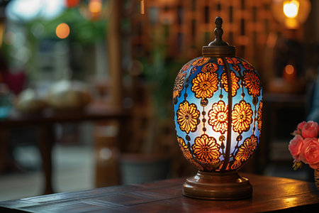 Featuring a dates next to a light that is on a dark wood tableの素材