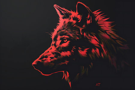 The image of a wolf logo in red and black over a black backgroundの素材