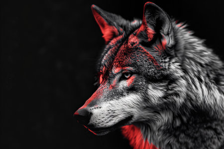 Wolf in black and white against a black backgroundの素材