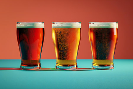 Digital image of three glasses of beer with in them, high quality, high resolutionの素材