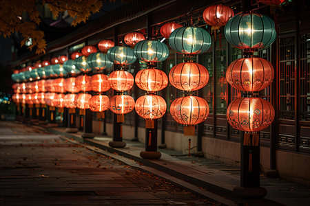 Red lanterns lit up outside at night, high quality, high resolutionの素材