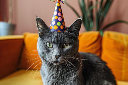 A gray cat wearing a birthday party hat stock photoの素材