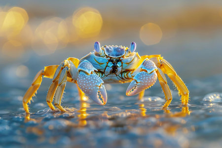 Featuring a  small crab on a beach walking into shallow waterの素材