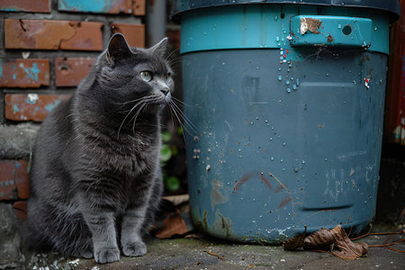 A gray cat sitting in front of a blue trash can on the streetの素材