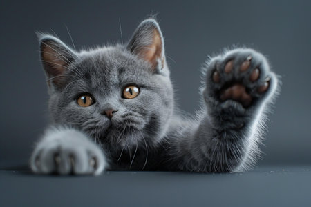 Grey british shorthair cat reaching out to open clawsの素材