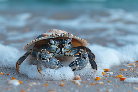 Crab in a shell on the beach, high quality, high resolutionの素材