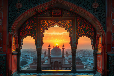 Illustration of  mosque at sunrise through a window in an islamic arabic arab style wallpaperの素材
