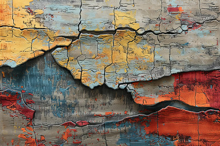 A rug that has an orange, yellow, blue, and brown paint work on itの素材