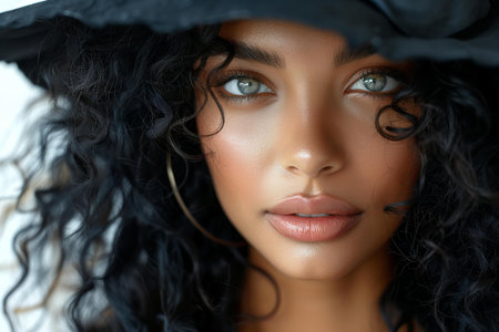 Depicting a beautiful black hair kind woman in cute witch, close-up, isolated on white backgroundの素材