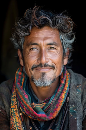 Portrait of Indian man with long gray beard and mustache wearing colorful scarf.の素材