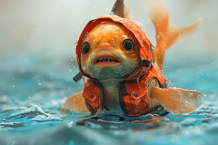 A cute little goldfish wearing an orange life jacket swimming in blue water with a shark fin on top, isolated on a white background. a detailed digital illustrationの素材