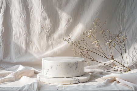A white marble circular cake stand against a light backdropの素材