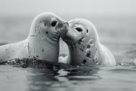 Close up of a baby grey seal and mother kissing, black and white photoの素材