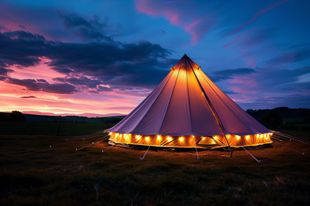 Glamping bell tent with lights on at night in the english countryside with dark sky and sunsetの素材