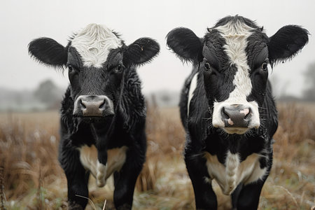 Two black and white cattle in the field, standing in one pictureの素材