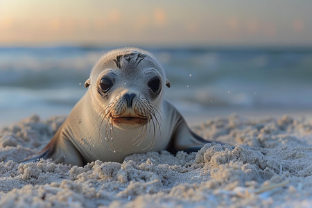 Close up of cute baby sea lion playing on the beach, national geographic photographyの素材