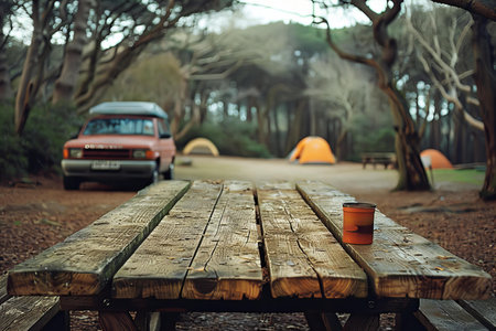 Digital image of  wooden table in a park with a car on it near a campsiteの素材
