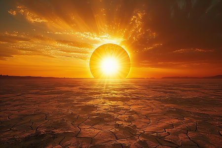 An ultra realistic photo of an empty desert with a large sun in the background. the sky is orange and yellow, creating a beautiful sunset. this scene evokes feelings of serenity and calmness. it could be used as a background for creative projects or as inspiration to evoke peace and tranquilityの素材