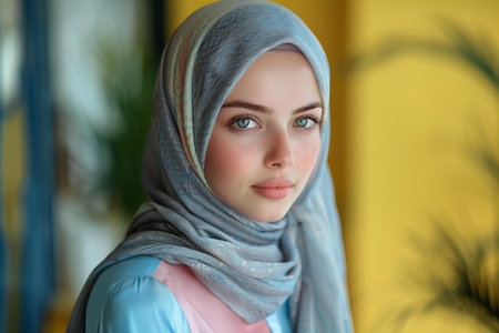 A young pretty woman wearing a hijab in pastel blue and pink colored shirt with a scarf, isolated on a yellow background,の素材