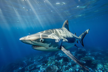 Digital artwork of  blue shark swimming in the deep sea, under a blue sky with sun rays, in a wide angle shot,の素材