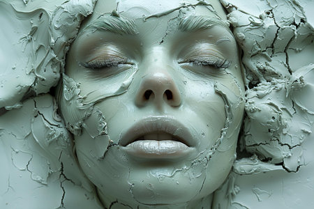 Digital artwork of the face of clay on the white background, high quality, high resolutionの素材