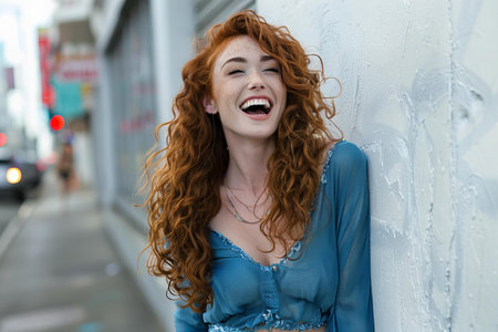 Featuring a photo of an attractive woman laughing and leaning against white wall on the street, wearing blue top with long curly red hair, city background, high resolution photography, high quality photo, natural lighting,の素材