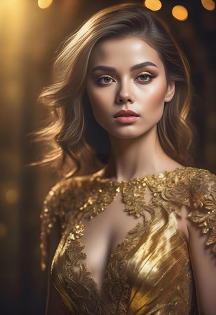 Elegant woman wearing sexy golden dress, high quality portrait, isolated on a backgroundの素材