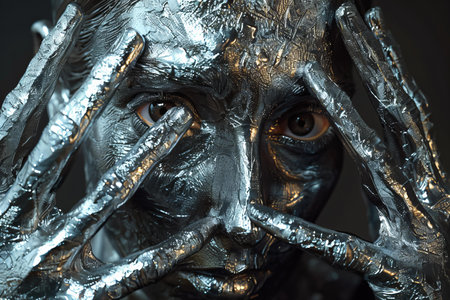 Featuring a  woman is his hands in silver, high quality, high resolutionの素材