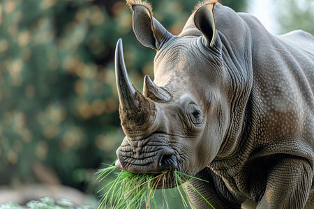 Closeup of an african rhino eating grass, shot with sony alpha a ii and natural light, showcasing the majestic creature's features in detail.の素材
