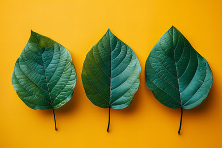 Three tropical leaves on a bright yellow backgroundの素材