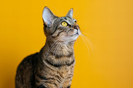 A cat standing up on a yellow background, high quality, high resolutionの素材