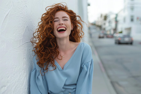 Photo of an attractive woman laughing and leaning against white wall on the street, wearing blue top with long curly red hair, city background, high resolution photography, high quality photo, natural lighting,の素材