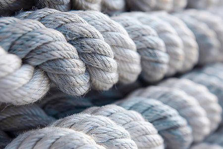 Featuring a  close-up shot of the white and gray thick rope, showcasing its texture with soft curves and round edges, providing an artistic background for product display. the rope is wrapped around itself in layers to create a circular patternの素材