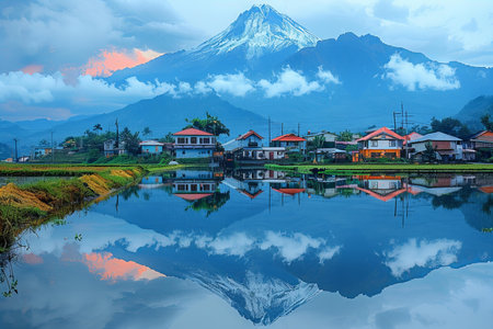 Depicting a  beautiful view of mount mayon volcano in the background with its reflection on water, beautiful lighting, sunset, a small village is visible at front of picture, hyper realistic photographyの素材