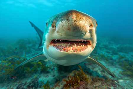 A close-up shot of the shark's mouth, showcasing its powerful and sharp teeth against an ocean blue background. the camera is positioned at eye level with the shark's head to capture detailed shots of both sides of its open jaw.の素材