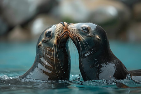 Two sea lions kissing in the water, a photo of two sea lions and a seal together, depicting love and romance against a blue backgroundの素材