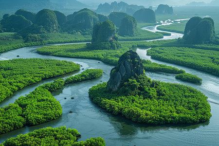 Aerial view of phang nga bay, thailand with mangrove forest and multiple islands in the sea. a river runs through it. green landscape, jungle. photo from above. canon eos camera, wide angle lens, natural light, high resolution, high detail, sharp focus, no blur. the rocks form unique shapes on top oの素材