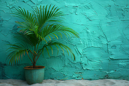 Palm leaves on sand against turquoise wall stock photoの素材