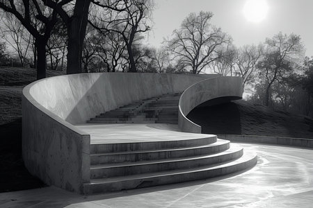Featuring a  black and white image of concrete walkway with the edges angled upの素材
