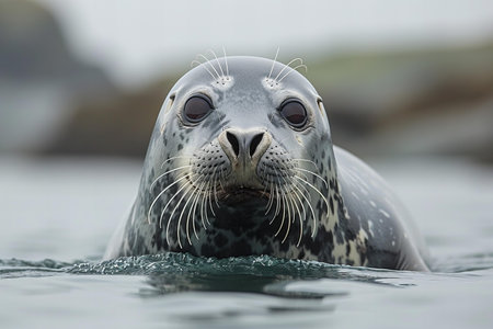 Seal coming out of the water in calm sea, head above surface, wildlife photography, portrait,の素材