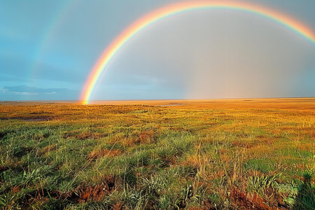 Illustration of  rainbow arching over the sky, symbolizing hope and joy in an endless expanse of green grass under it.の素材