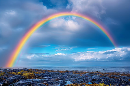Digital artwork of  rainbow arching across the sky, symbolizing hope and beauty in contrast to cloudy skies. the rainbow's colors create an illusion of depth against the blue background, adding a sense of wonder or magic to its appearance. it can represent inspiration, joyous moments, love, adventurの素材