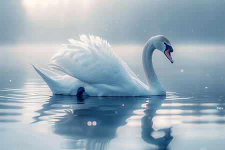 A white swan floating on the water with a simple background and a light blue gradient background in the minimalist style with a clean and bright background for commercial photography or product shooting with high definition, super details, and high resolution to show fine glossed skin and reflectionの素材